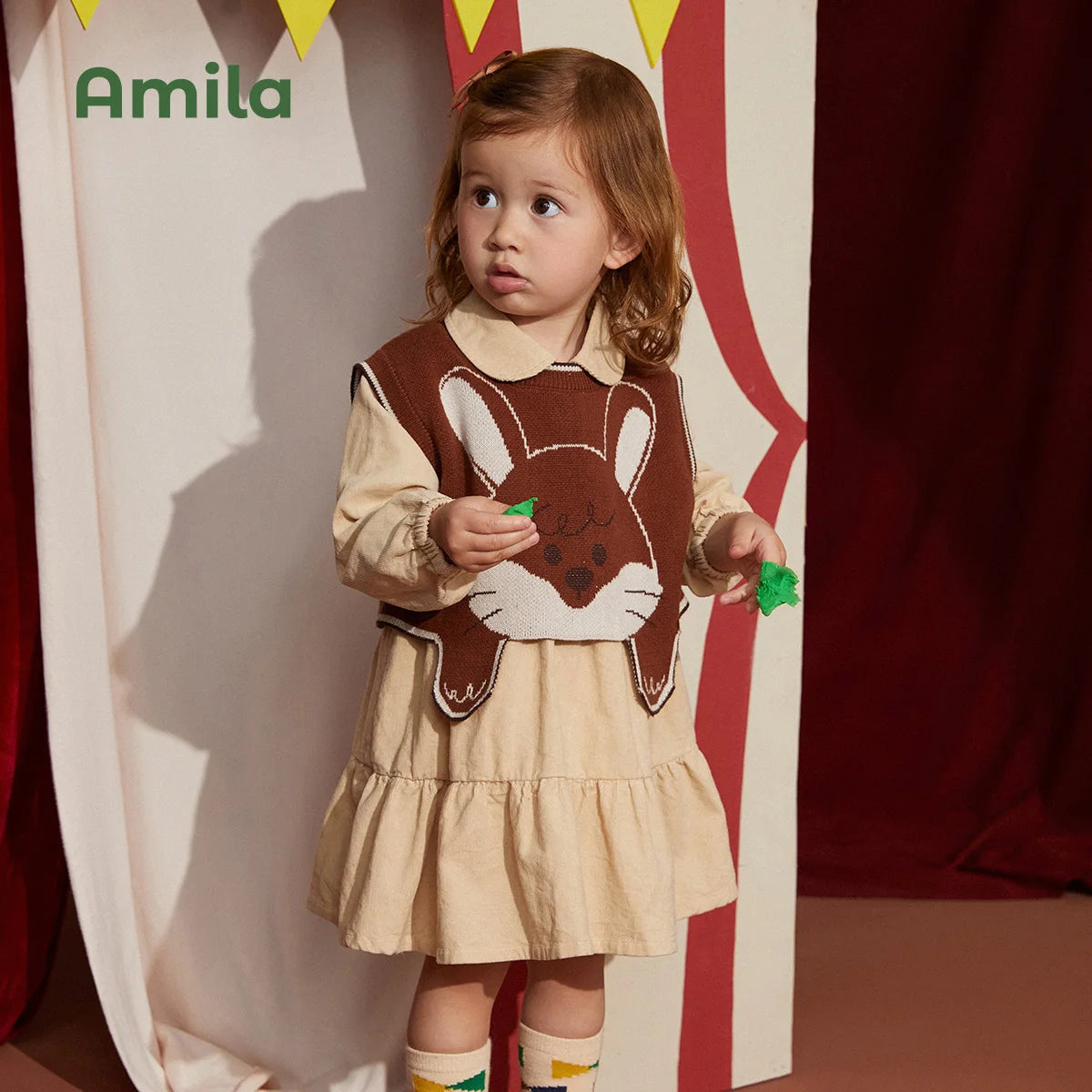 Amila Children's Clothing Girls' Knit Vest Dress Sets 2022 Spring&Autumn New Cute Cartoon For Baby Kids