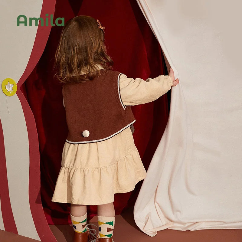 Amila Children's Clothing Girls' Knit Vest Dress Sets 2022 Spring&Autumn New Cute Cartoon For Baby Kids