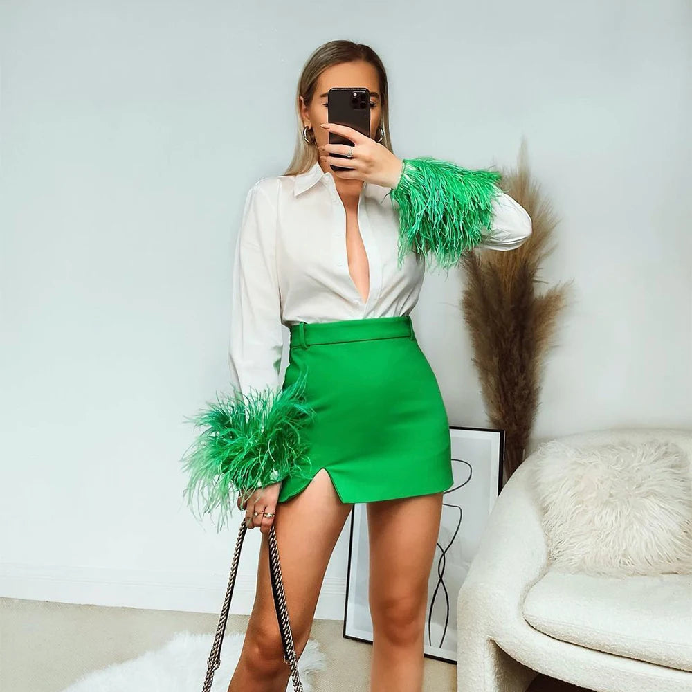 Green Feathers on the Cuffs Womens Blouses Long Sleeves Women's Clothing White Elegant Female Blouses Tops Shirts for Women Top