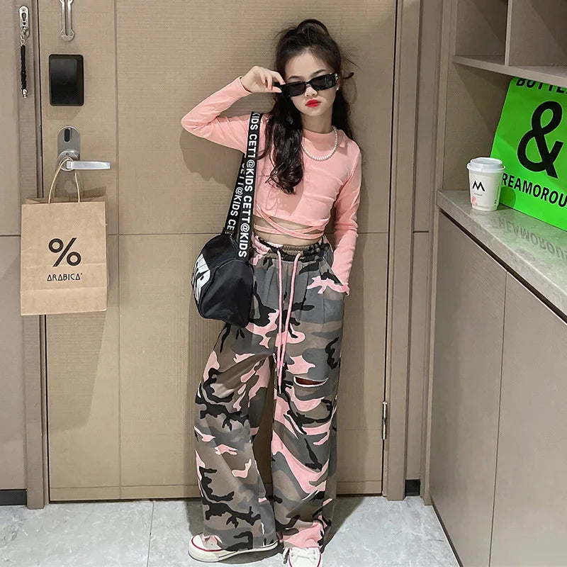 Girls Set Slim Tops Ripped Camouflage Pants Dance Two Piece Autumn Teenager Kids Sportswear 12 13 14 Years Children's Clothing