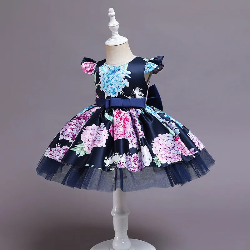 Floral Girls Dress Silk Bow Princess Costumes For Girls 2023 Elegant Children's Clothing Kids Wedding Birthday Porm 2-8 Years