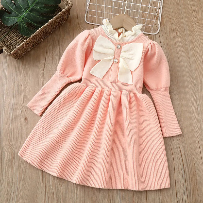 Girls' Woolen Dress Children'S Clothing Knitted Dress Autumn Winter New Bow Fashionable Long Dresses For Baby Girls