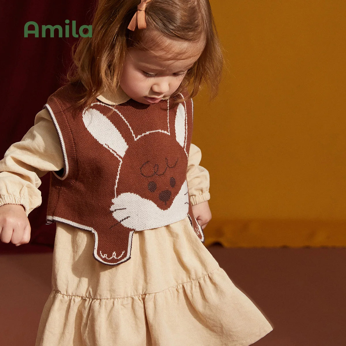 Amila Children's Clothing Girls' Knit Vest Dress Sets 2022  Spring&Autumn  New Cute Cartoon For Baby Kids