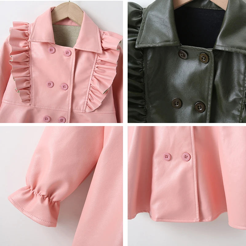 3-7 Year Girls Leather Dresses Button PU Leather Girls Dresses Coat New Fashion Baby Girls Jackets Children's Clothing Outerwear.