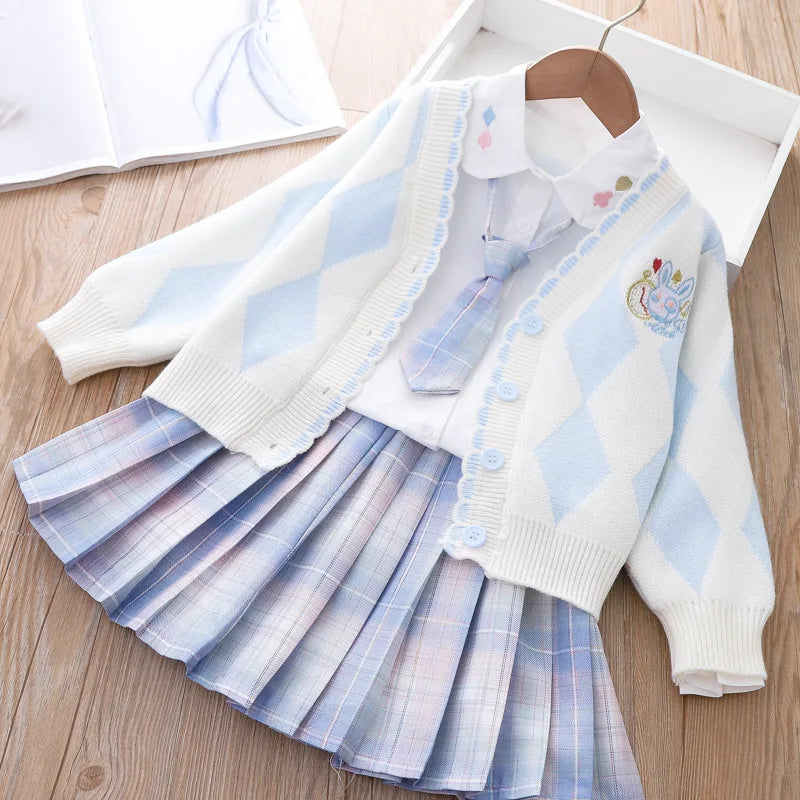 Girls' Set 2023 New Children's Clothing JK Plaid Skirt Three-piece Girl's Sweater Spring and Autumn College Style Foreign Style