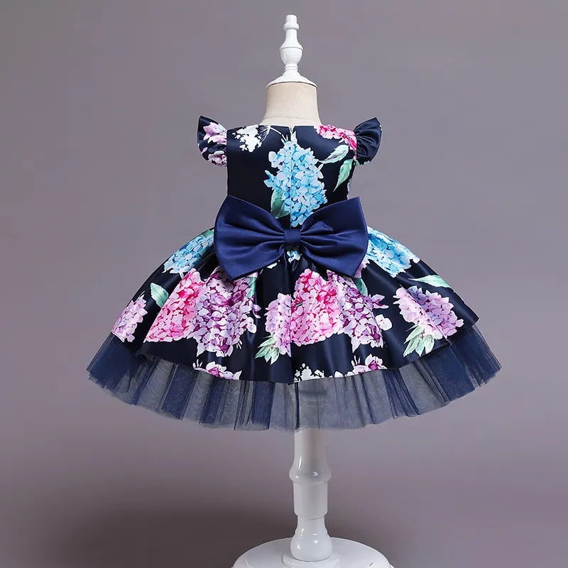 Floral Girls Dress Silk Bow Princess Costumes For Girls 2023 Elegant Children's Clothing Kids Wedding Birthday Porm 2-8 Years