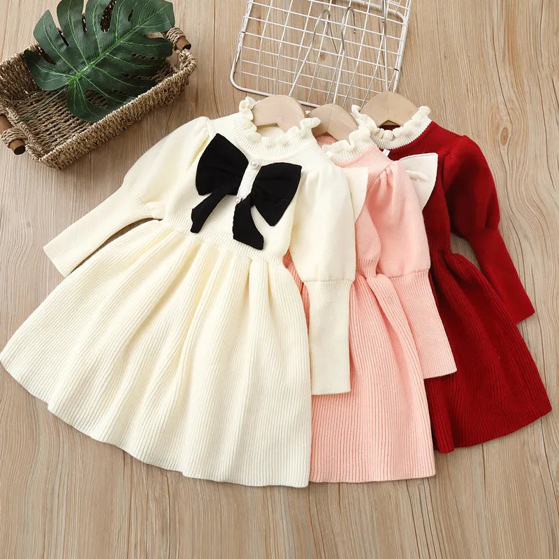 Girls' Woolen Dress Children'S Clothing Knitted Dress Autumn Winter New Bow Fashionable Long Dresses For Baby Girls