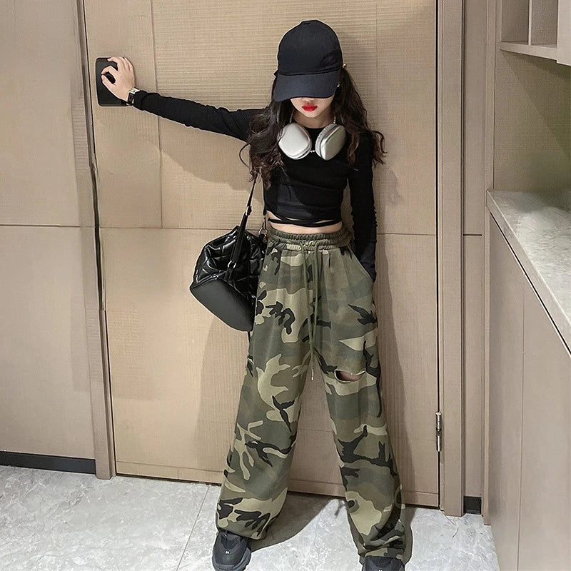 Girls Set Slim Tops Ripped Camouflage Pants Dance Two Piece Autumn Teenager Kids Sportswear 12 13 14 Years Children's Clothing