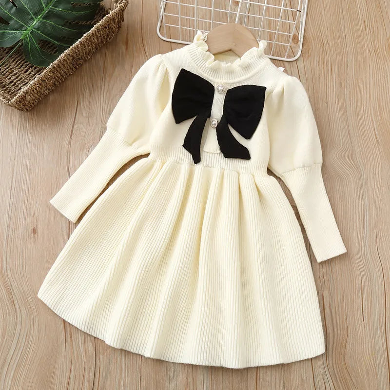 Girls' Woolen Dress Children'S Clothing Knitted Dress Autumn Winter New Bow Fashionable Long Dresses For Baby Girls