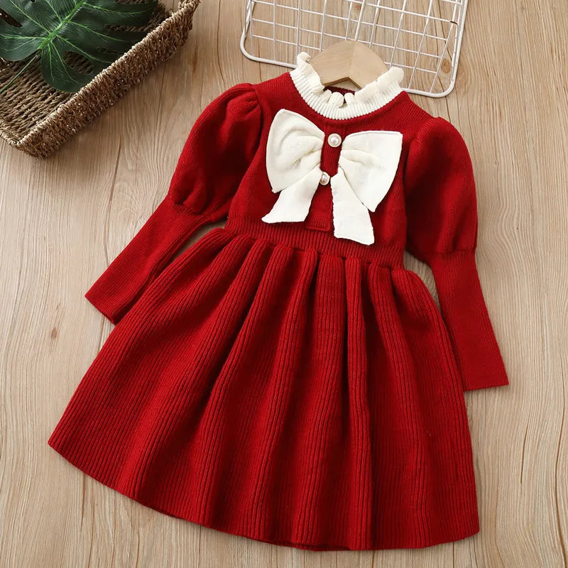 Girls' Woolen Dress Children'S Clothing Knitted Dress Autumn Winter New Bow Fashionable Long Dresses For Baby Girls