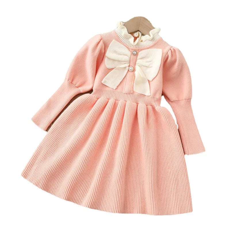 Girls' Woolen Dress Children'S Clothing Knitted Dress Autumn Winter New Bow Fashionable Long Dresses For Baby Girls