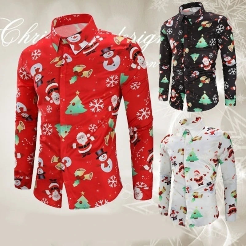 Fashion Shirts For Male Men Casual Snowflakes Santa Printed Christmas Shirt Top Long Sleeve Blouse Men's Clothing Chemise Homme