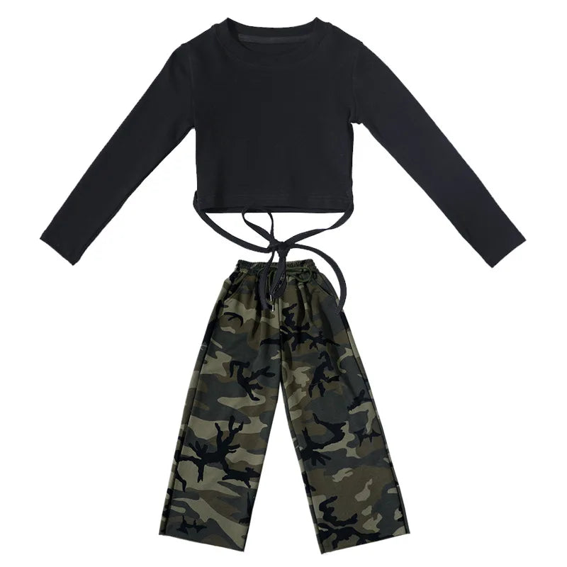 Girls Set Slim Tops Ripped Camouflage Pants Dance Two Piece Autumn Teenager Kids Sportswear 12 13 14 Years Children's Clothing