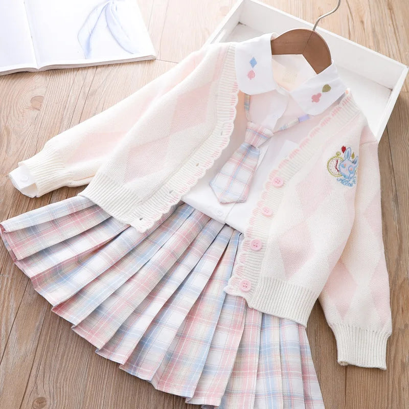 Girls' Set 2023 New Children's Clothing JK Plaid Skirt Three-piece Girl's Sweater Spring and Autumn College Style Foreign Style