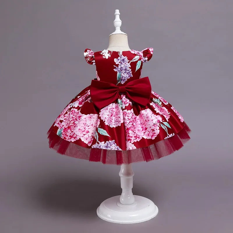 Floral Girls Dress Silk Bow Princess Costumes For Girls 2023 Elegant Children's Clothing Kids Wedding Birthday Porm 2-8 Years