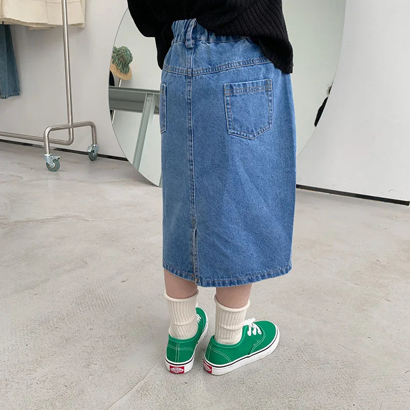 Girls' All-Match Mid-Length Skirt Korean Style 2022 Spring New Pocket Children'S Clothing Fashion Denim Skirt For Baby Girls