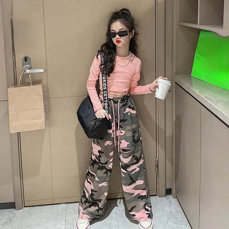 Girls Set Slim Tops Ripped Camouflage Pants Dance Two Piece Autumn Teenager Kids Sportswear 12 13 14 Years Children's Clothing