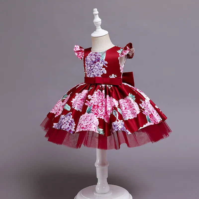 Floral Girls Dress Silk Bow Princess Costumes For Girls 2023 Elegant Children's Clothing Kids Wedding Birthday Porm 2-8 Years