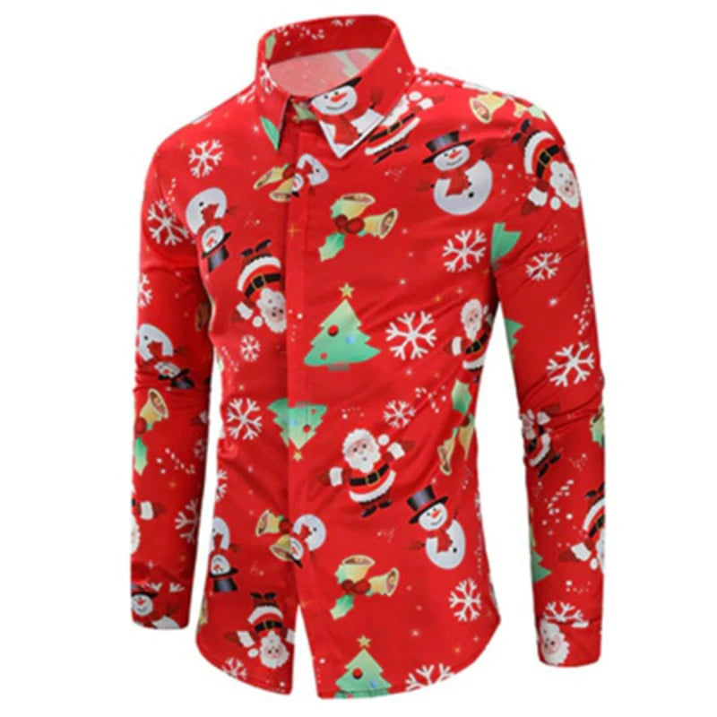 Fashion Shirts For Male Men Casual Snowflakes Santa Printed Christmas Shirt Top Long Sleeve Blouse Men's Clothing Chemise Homme