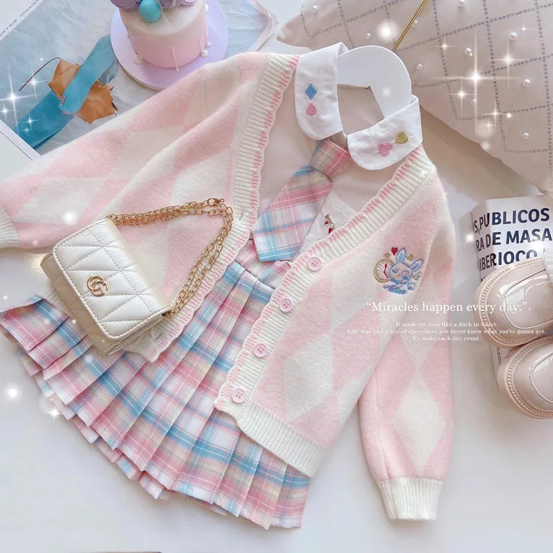 Girls' Set 2023 New Children's Clothing JK Plaid Skirt Three-piece Girl's Sweater Spring and Autumn College Style Foreign Style