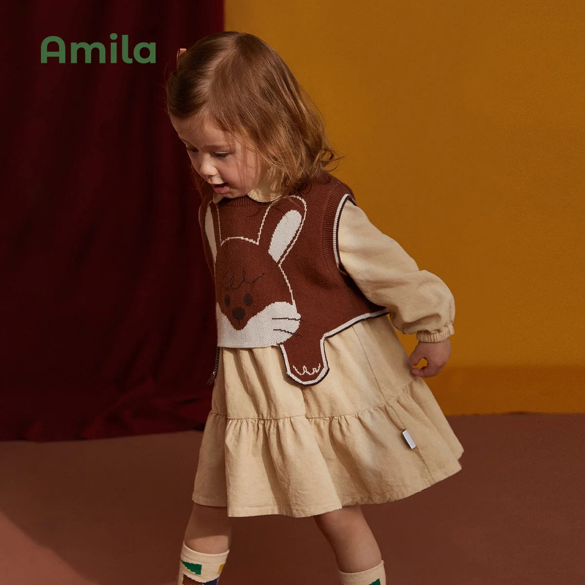 Amila Children's Clothing Girls' Knit Vest Dress Sets 2022  Spring&Autumn  New Cute Cartoon For Baby Kids